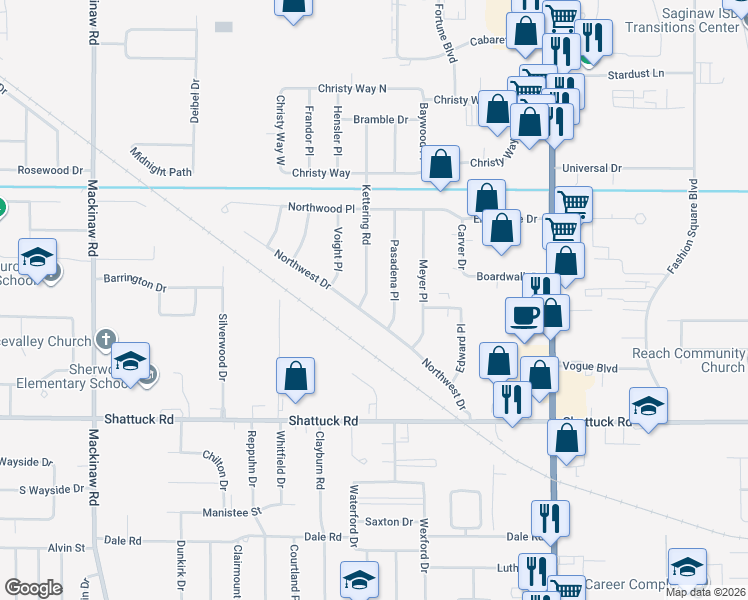 map of restaurants, bars, coffee shops, grocery stores, and more near 3262 Kettering Road in Saginaw