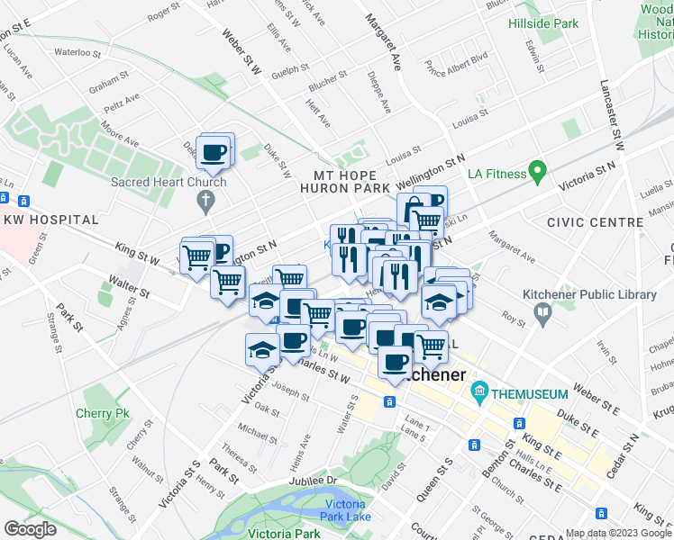 map of restaurants, bars, coffee shops, grocery stores, and more near Duke Street West in Kitchener