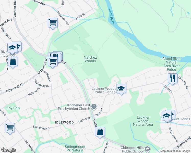 map of restaurants, bars, coffee shops, grocery stores, and more near in Kitchener