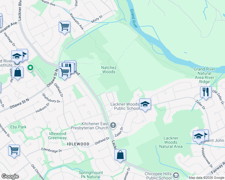 map of restaurants, bars, coffee shops, grocery stores, and more near 50 Bryan Court in Kitchener