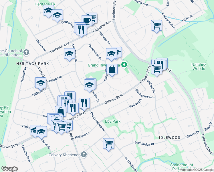 map of restaurants, bars, coffee shops, grocery stores, and more near 15 McGee Avenue in Kitchener