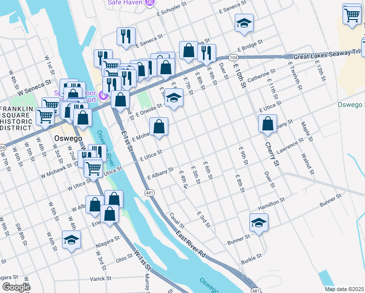 map of restaurants, bars, coffee shops, grocery stores, and more near 150 East 5th Street in Oswego
