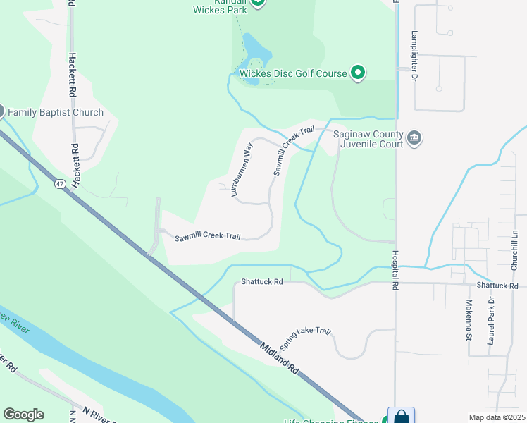 map of restaurants, bars, coffee shops, grocery stores, and more near 30 Sawmill Creek Trail in Saginaw
