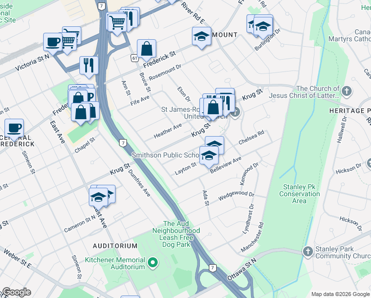 map of restaurants, bars, coffee shops, grocery stores, and more near 66 Sherwood Avenue in Kitchener