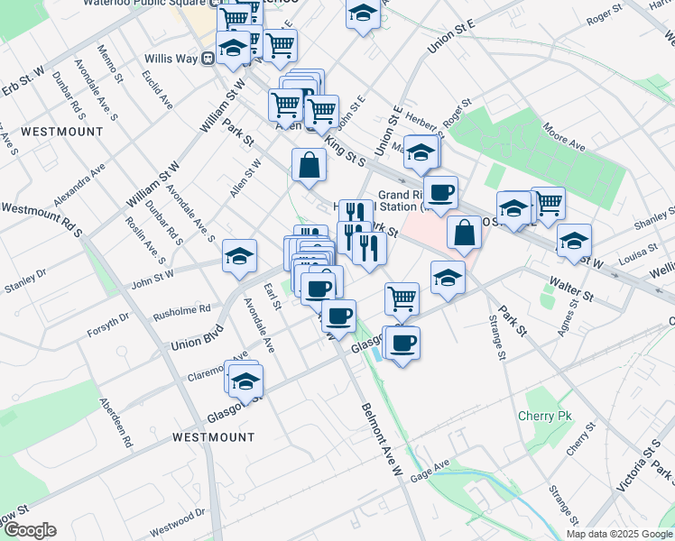 map of restaurants, bars, coffee shops, grocery stores, and more near 130 Mount Hope Street in Kitchener