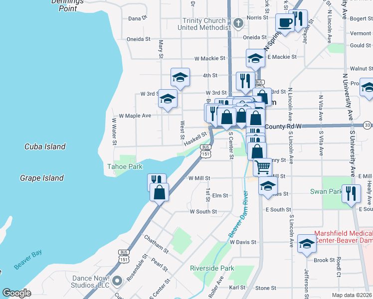 map of restaurants, bars, coffee shops, grocery stores, and more near 135 Haskell Street in Beaver Dam