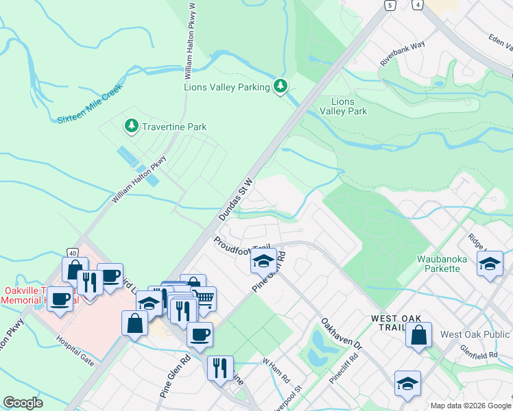 map of restaurants, bars, coffee shops, grocery stores, and more near 2485 Wooden Hill Circle in Oakville