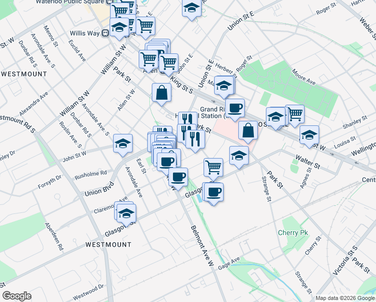 map of restaurants, bars, coffee shops, grocery stores, and more near 75 York Street in Kitchener