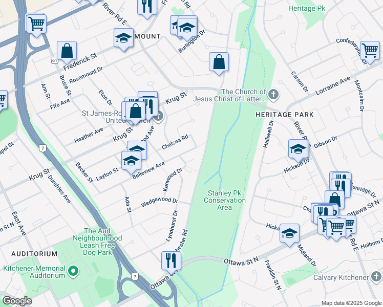 map of restaurants, bars, coffee shops, grocery stores, and more near 255 Belleview Avenue in Kitchener