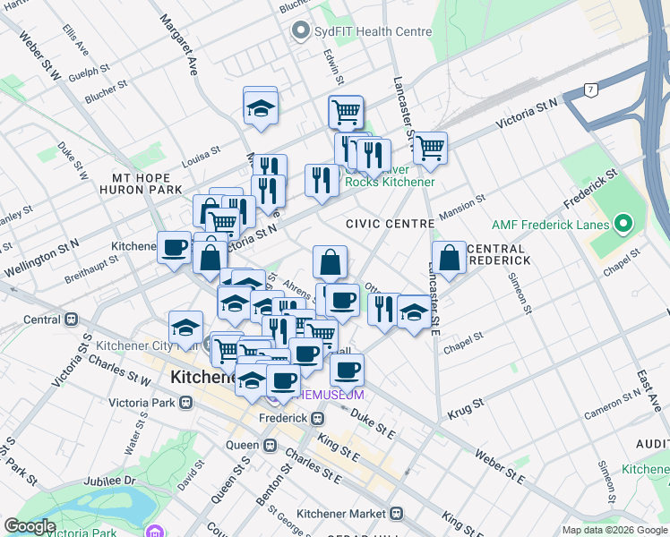map of restaurants, bars, coffee shops, grocery stores, and more near 11 Margaret Avenue in Kitchener