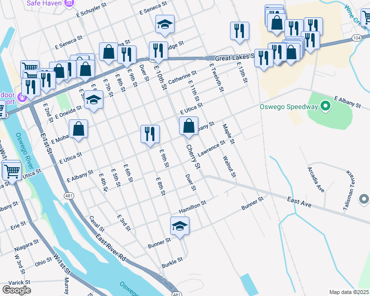 map of restaurants, bars, coffee shops, grocery stores, and more near 280 Cherry Street in Oswego