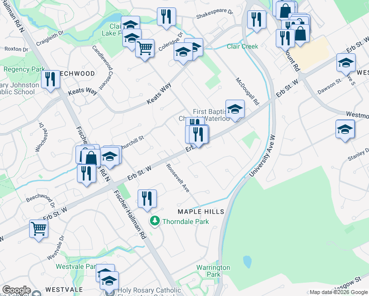map of restaurants, bars, coffee shops, grocery stores, and more near 360 Erb Street West in Waterloo
