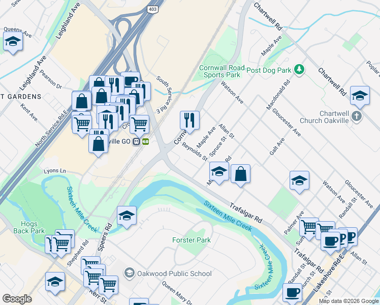 map of restaurants, bars, coffee shops, grocery stores, and more near 426 Reynolds Street in Oakville