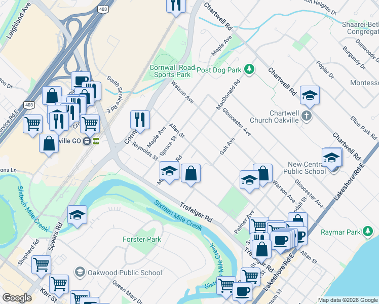 map of restaurants, bars, coffee shops, grocery stores, and more near 348 Macdonald Road in Oakville