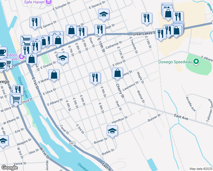 map of restaurants, bars, coffee shops, grocery stores, and more near 272 Duer Street in Oswego