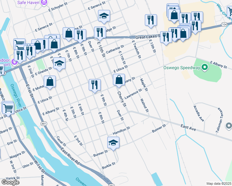 map of restaurants, bars, coffee shops, grocery stores, and more near 280 Cherry Street in Oswego