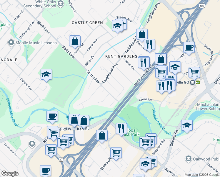 map of restaurants, bars, coffee shops, grocery stores, and more near 1073 Sixth Line in Oakville