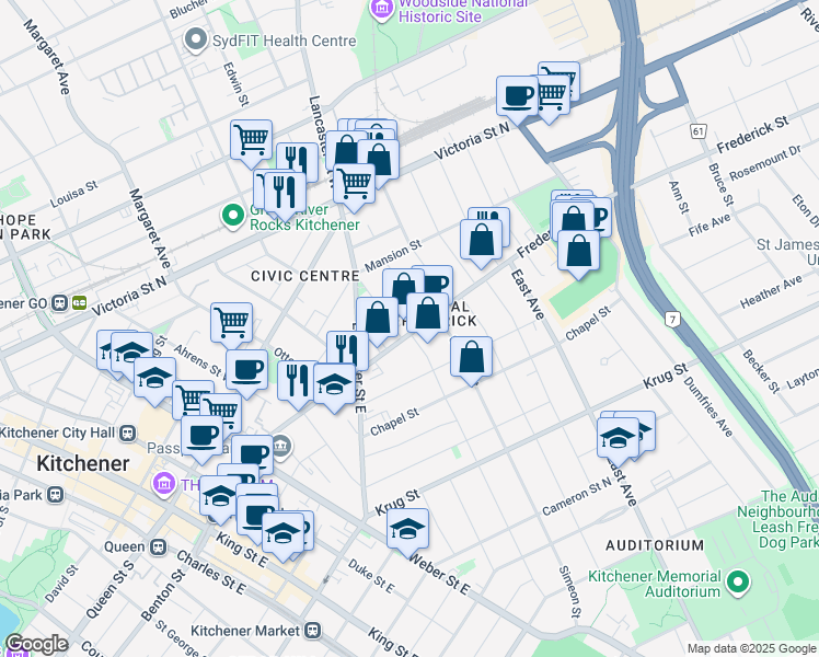 map of restaurants, bars, coffee shops, grocery stores, and more near in Kitchener