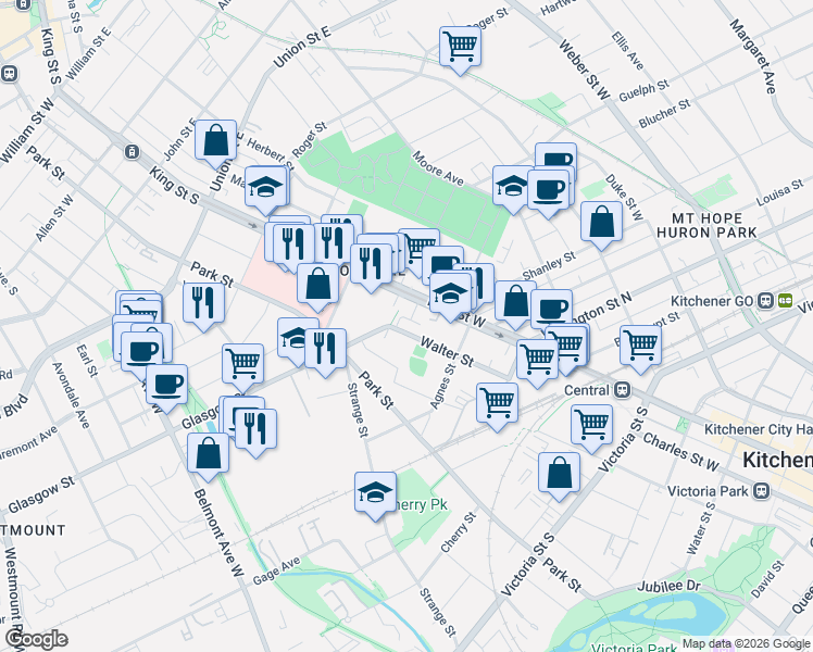 map of restaurants, bars, coffee shops, grocery stores, and more near 130 Walter Street in Kitchener