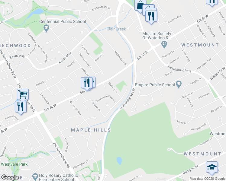 map of restaurants, bars, coffee shops, grocery stores, and more near 15 Mulberry Lane in Waterloo