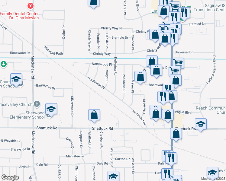 map of restaurants, bars, coffee shops, grocery stores, and more near 3262 Kettering Road in Saginaw