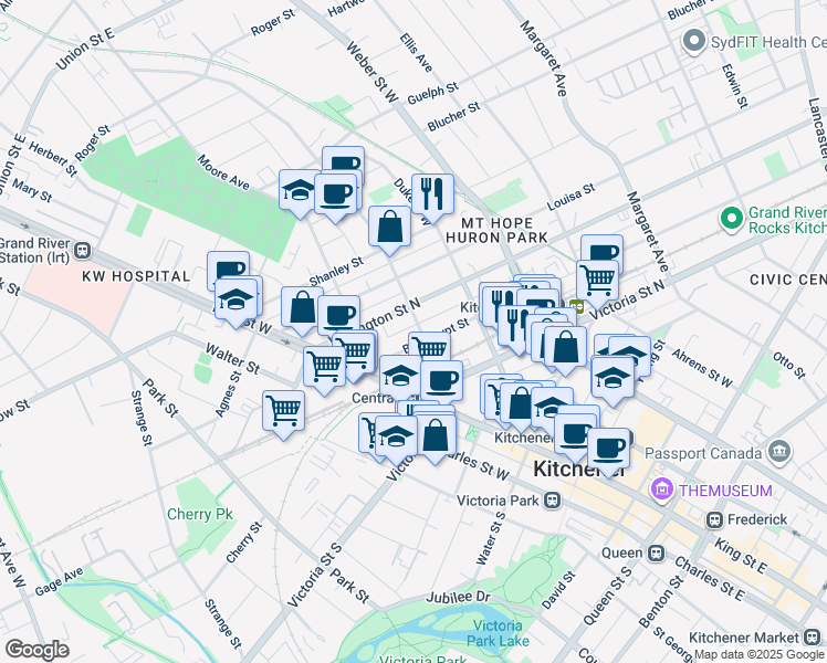 map of restaurants, bars, coffee shops, grocery stores, and more near 35 Waterloo Street in Kitchener