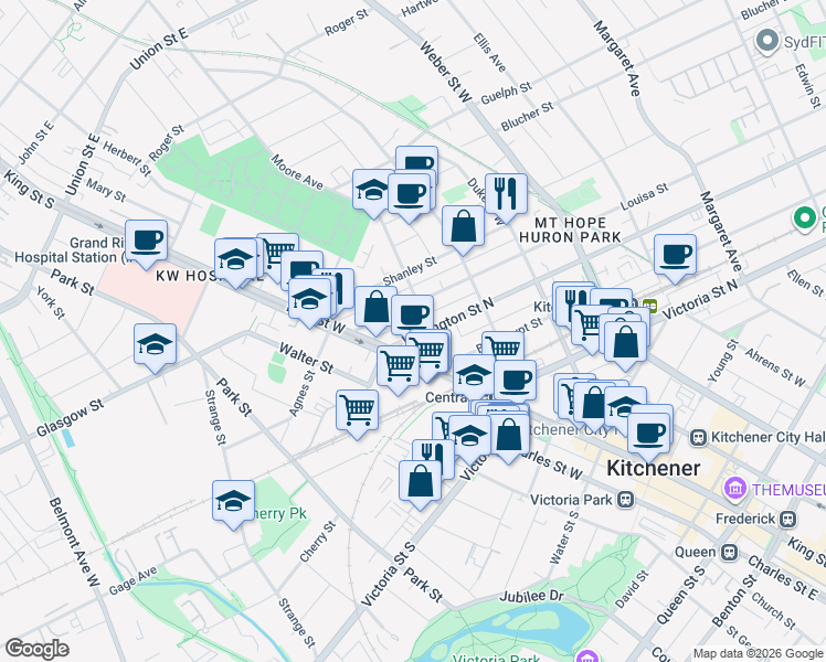 map of restaurants, bars, coffee shops, grocery stores, and more near 24 Wellington Street North in Kitchener