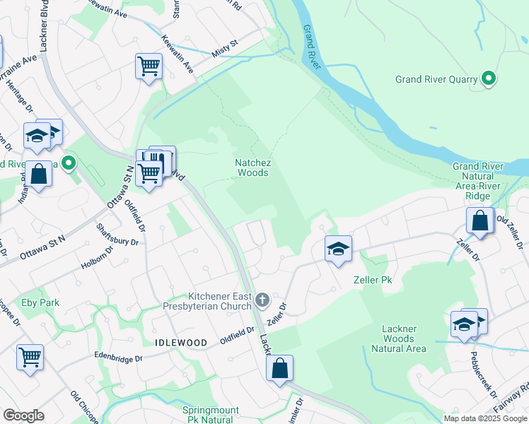 map of restaurants, bars, coffee shops, grocery stores, and more near 50 Bryan Court in Kitchener