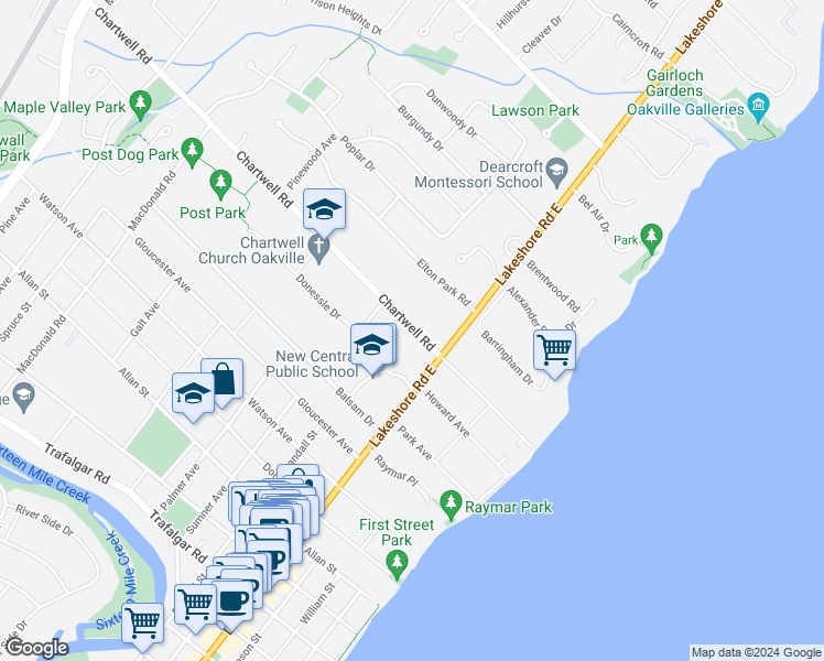 map of restaurants, bars, coffee shops, grocery stores, and more near 134 Chartwell Road in Oakville