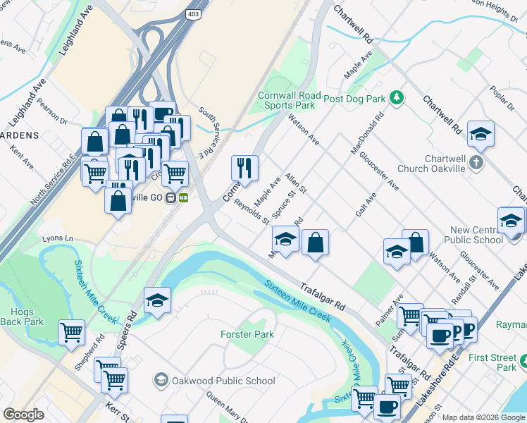 map of restaurants, bars, coffee shops, grocery stores, and more near 409 Reynolds Street in Oakville