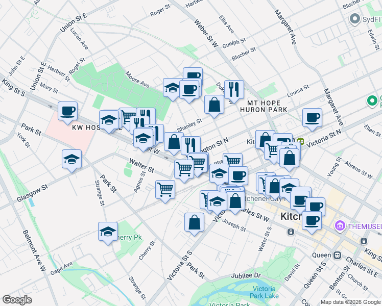map of restaurants, bars, coffee shops, grocery stores, and more near 24 Wellington Street North in Kitchener