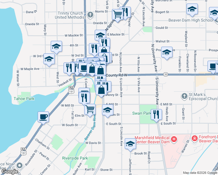 map of restaurants, bars, coffee shops, grocery stores, and more near 113 Washington Street in Beaver Dam
