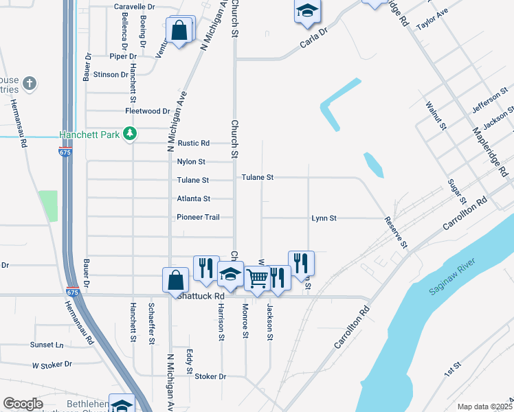 map of restaurants, bars, coffee shops, grocery stores, and more near 3325 Winter Street in Saginaw