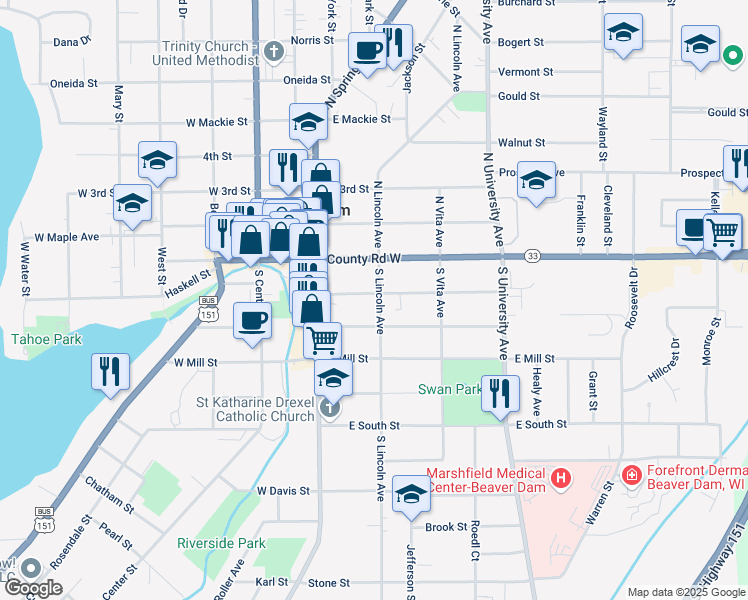 map of restaurants, bars, coffee shops, grocery stores, and more near 200 South Lincoln Avenue in Beaver Dam
