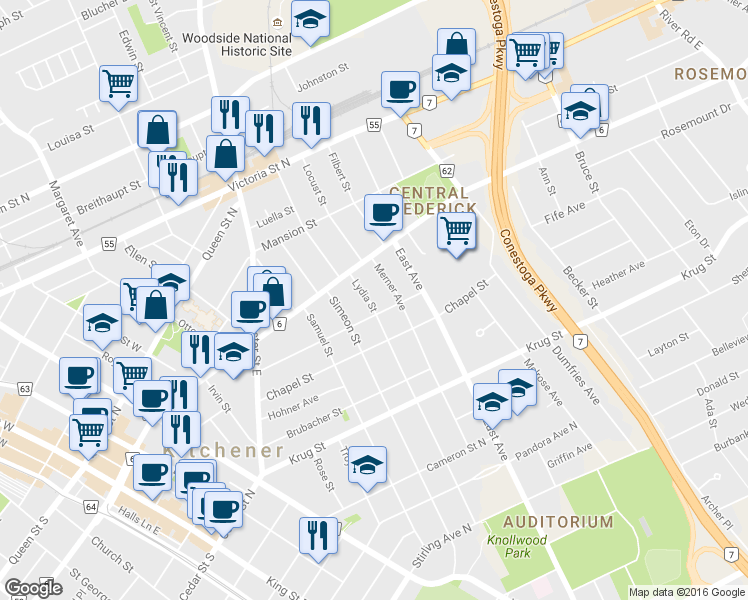 map of restaurants, bars, coffee shops, grocery stores, and more near 32 Lydia Street in Kitchener