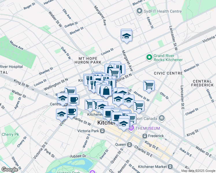 map of restaurants, bars, coffee shops, grocery stores, and more near 123 Victoria Street North in Kitchener