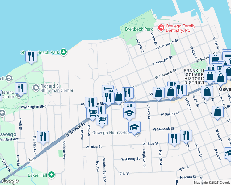 map of restaurants, bars, coffee shops, grocery stores, and more near 24 Governor St in Oswego