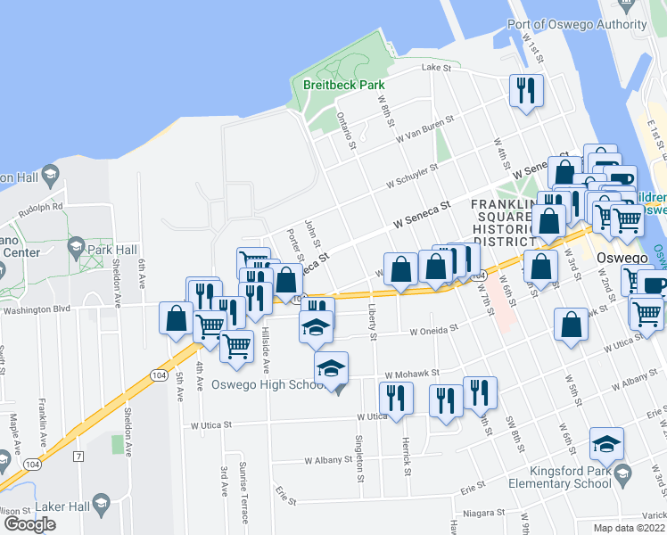 map of restaurants, bars, coffee shops, grocery stores, and more near 31 John Street in Oswego