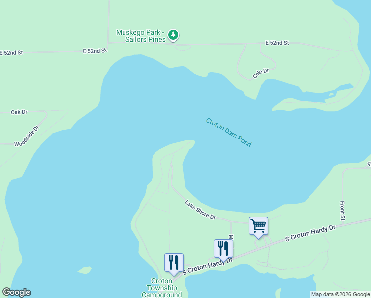 map of restaurants, bars, coffee shops, grocery stores, and more near 5530 Cozy Point Drive in Newaygo