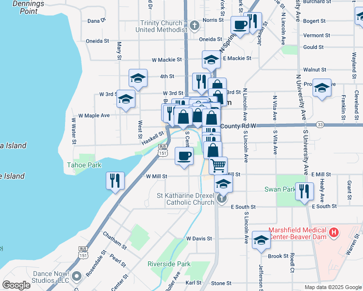 map of restaurants, bars, coffee shops, grocery stores, and more near 215 Madison Street in Beaver Dam