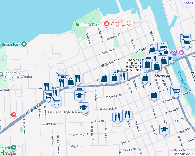 map of restaurants, bars, coffee shops, grocery stores, and more near 145 West Cayuga Street in Oswego