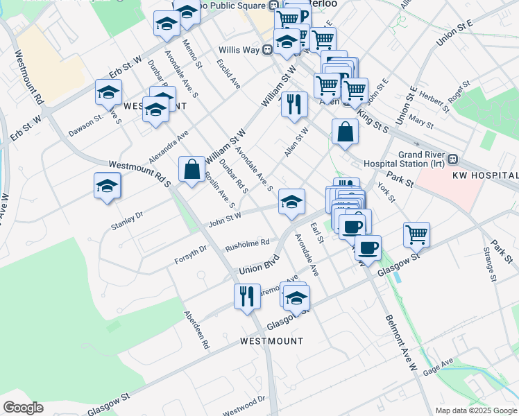 map of restaurants, bars, coffee shops, grocery stores, and more near John Street West in Waterloo