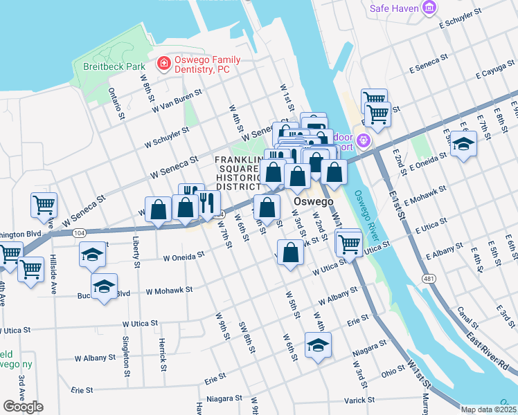 map of restaurants, bars, coffee shops, grocery stores, and more near 137 West 5th Street in Oswego