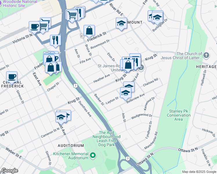 map of restaurants, bars, coffee shops, grocery stores, and more near 427 Krug Street in Kitchener