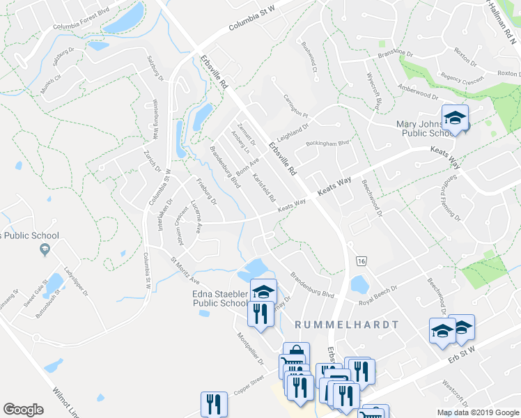 map of restaurants, bars, coffee shops, grocery stores, and more near 781 Brandenburg Boulevard in Waterloo