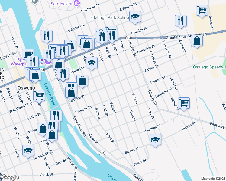 map of restaurants, bars, coffee shops, grocery stores, and more near 158 East 7th Street in Oswego
