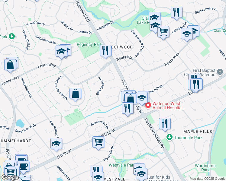 map of restaurants, bars, coffee shops, grocery stores, and more near 455 Drake Circle in Waterloo