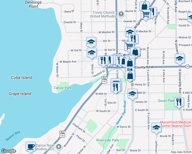 map of restaurants, bars, coffee shops, grocery stores, and more near 135 Haskell Street in Beaver Dam