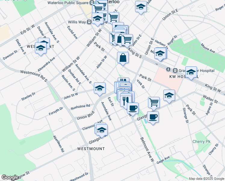map of restaurants, bars, coffee shops, grocery stores, and more near 142 Union Boulevard in Kitchener