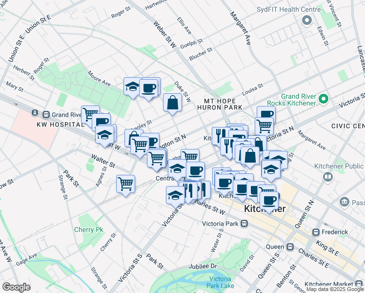 map of restaurants, bars, coffee shops, grocery stores, and more near 35 Waterloo Street in Kitchener